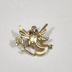 Giusti Gold Tone Angel With Rose Fashion Scarf Lapel Pin 1.25" Shiny Matte